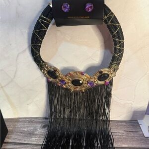 NWT Makarlon Black and Gold Statement Necklace with Purple Accents and earrings